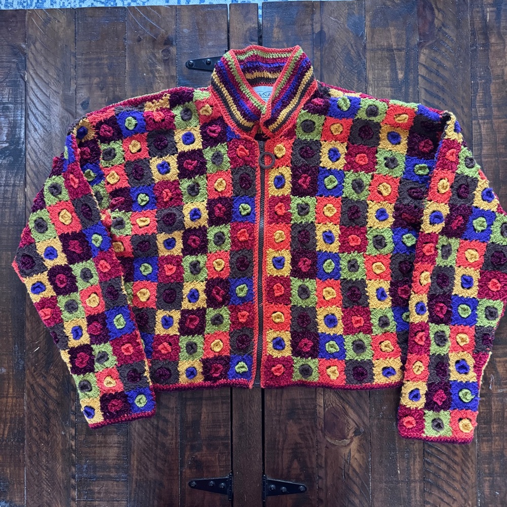 Vintage Elana Carrillo Granny Square Crochet Zip Cardigan